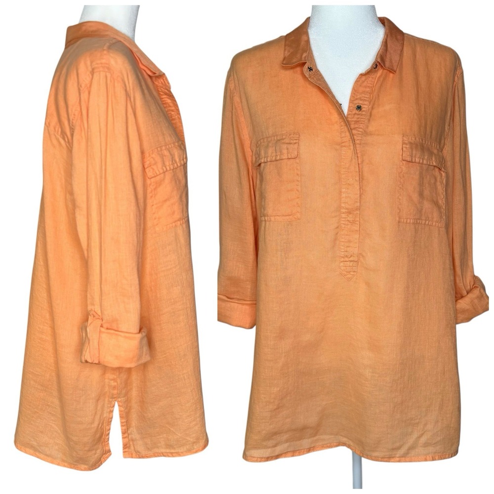 Chicos Tunic Top L 100% Linen Roll Tab Sleeve Creamsicle Shirt Lagenlook Beachy